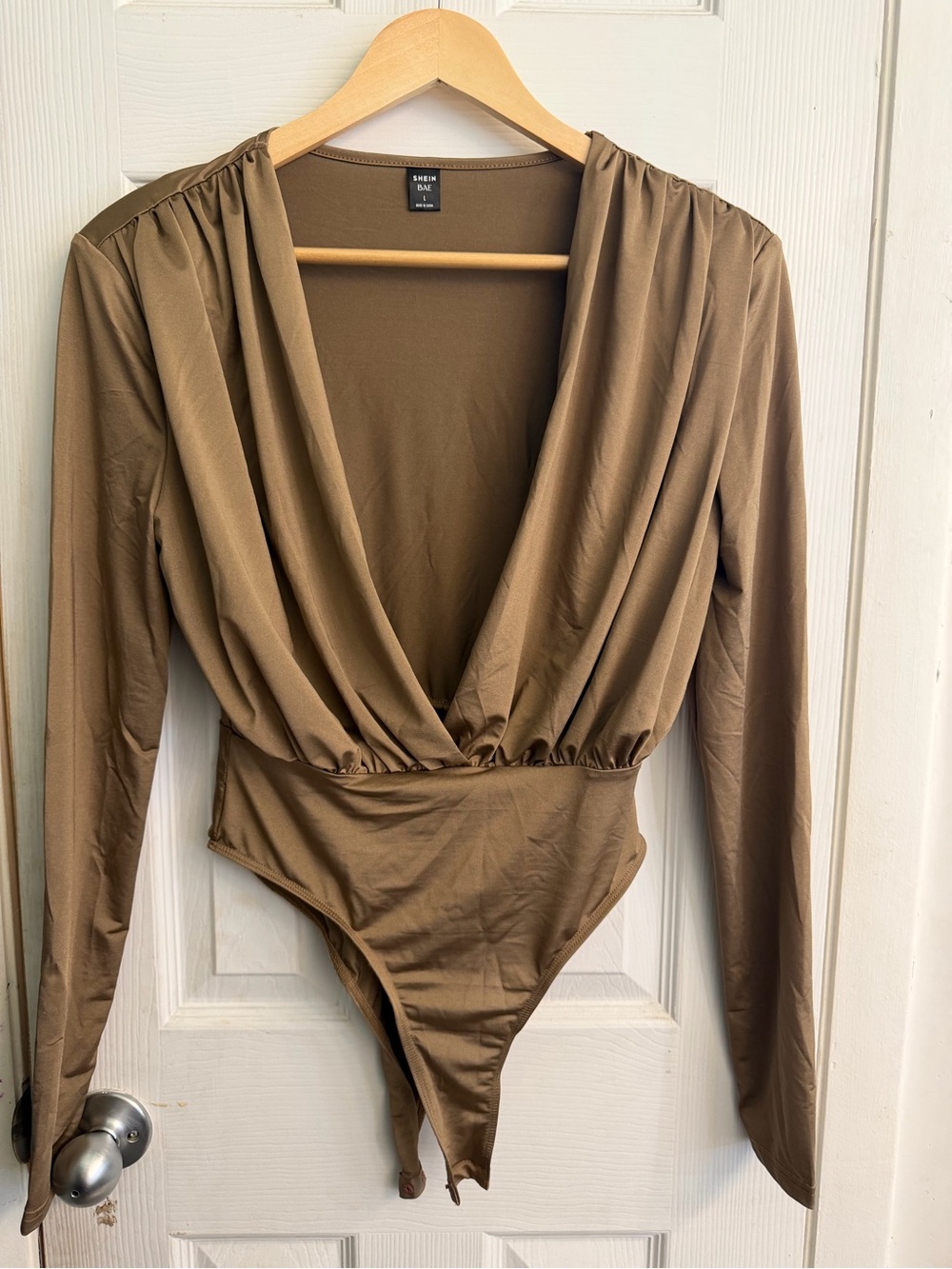 SHEIN Olive Brown Long Sleeve Draped One-Piece Bodysuit